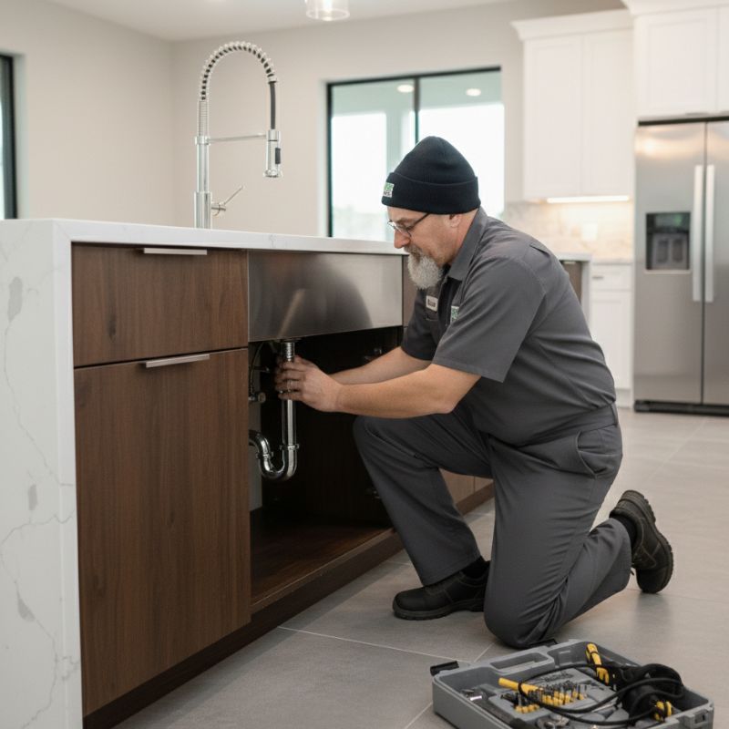 Rush Plumbing service man working under sink to unclog drain